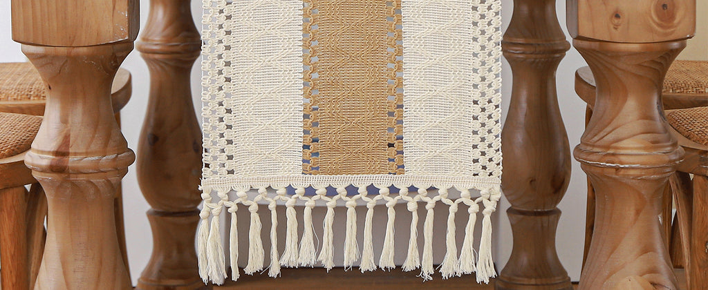 Boho Farmhouse Linen Table Runner with Tassels–Rustic Macrame, Burlap & Cotton Blend for Summer Home Decor and Holiday Events