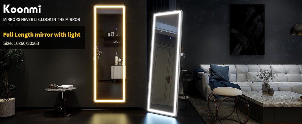 63"x20" Full Length Mirror with Lights,LED Mirror Full Length,Lighted Floor Mirror with Stand,Full Body Mirror with Dimming
