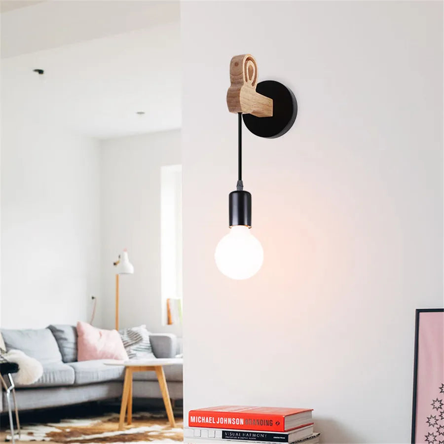 Nordic Wood Wall Lights Bedroom Bedside Lamp Black Creative Modern E27 Wall Lamps Suspension LED Home Lighting Sconce Room Decor