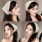 Female Beige Triangle Hair Scarf Bandana Crochet Sheer Mesh Knitted Scarf Retro Headscarf Versatile Neck Scarf Hair Accessories