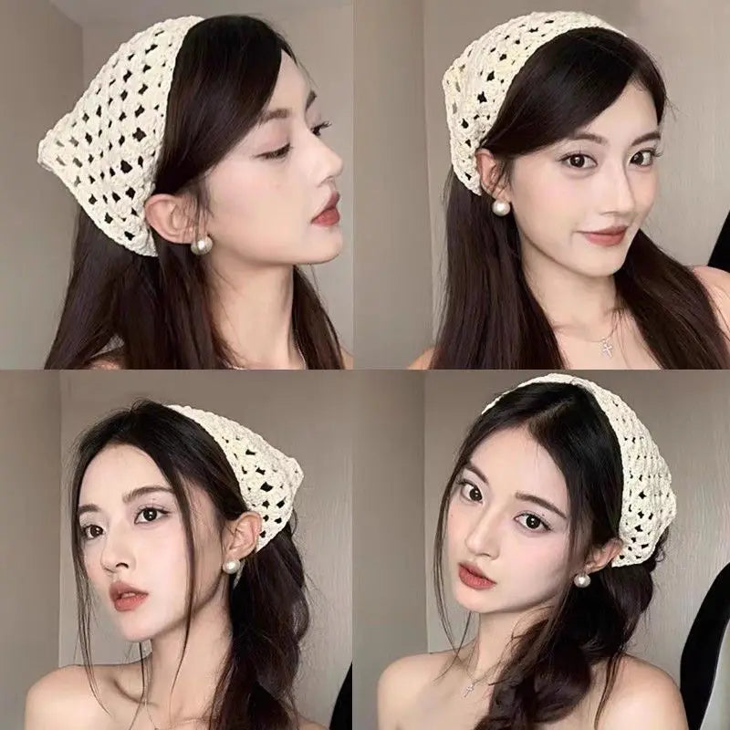 Female Beige Triangle Hair Scarf Bandana Crochet Sheer Mesh Knitted Scarf Retro Headscarf Versatile Neck Scarf Hair Accessories