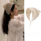 Female Beige Triangle Hair Scarf Bandana Crochet Sheer Mesh Knitted Scarf Retro Headscarf Versatile Neck Scarf Hair Accessories