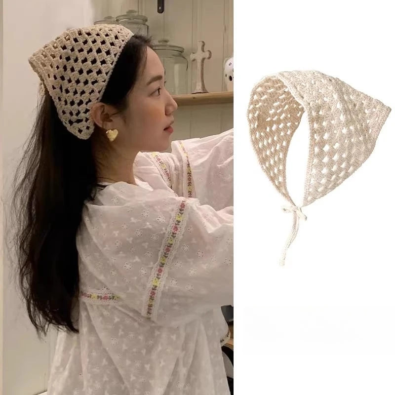 Female Beige Triangle Hair Scarf Bandana Crochet Sheer Mesh Knitted Scarf Retro Headscarf Versatile Neck Scarf Hair Accessories