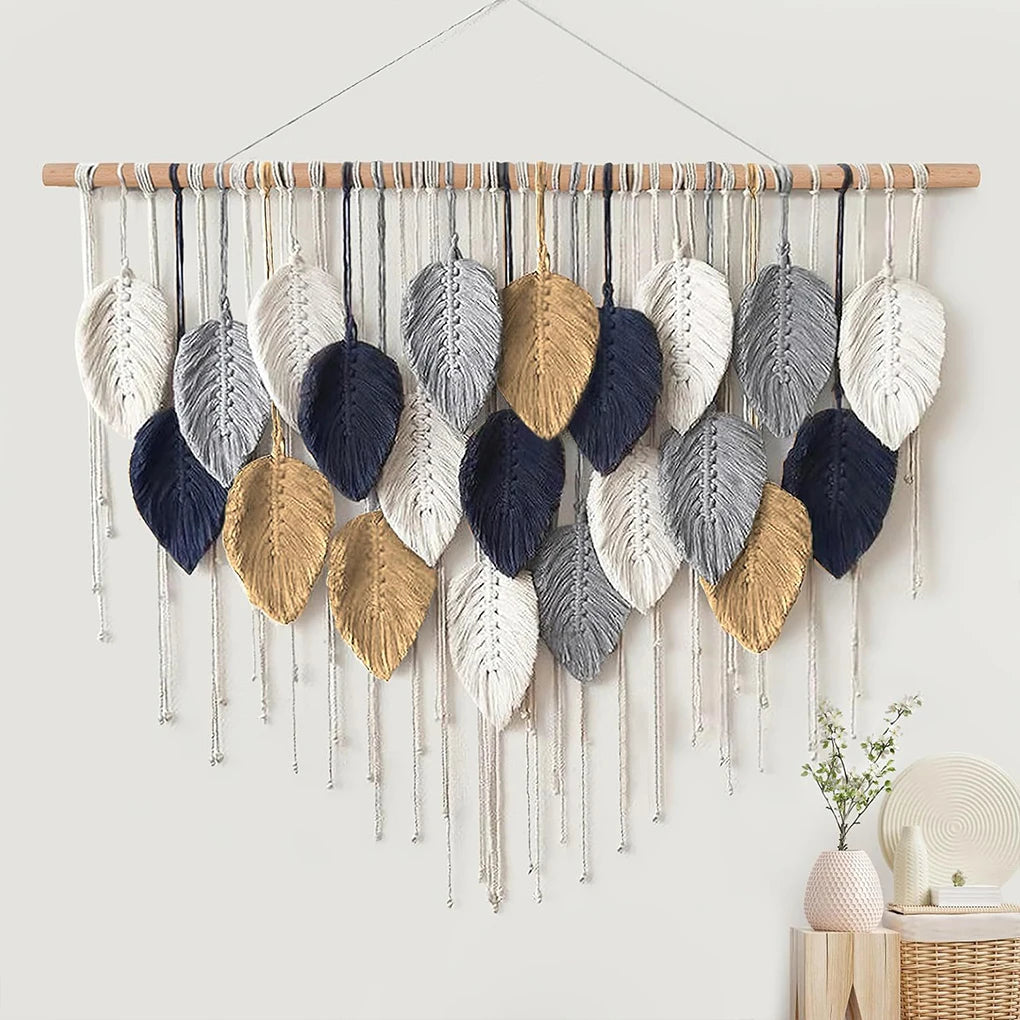 Large Macrame Wall Hanging Boho Woven Tapestry Chic Home Decor Modern Bohemian Handmade Leaf Feather Wall Art Decorations