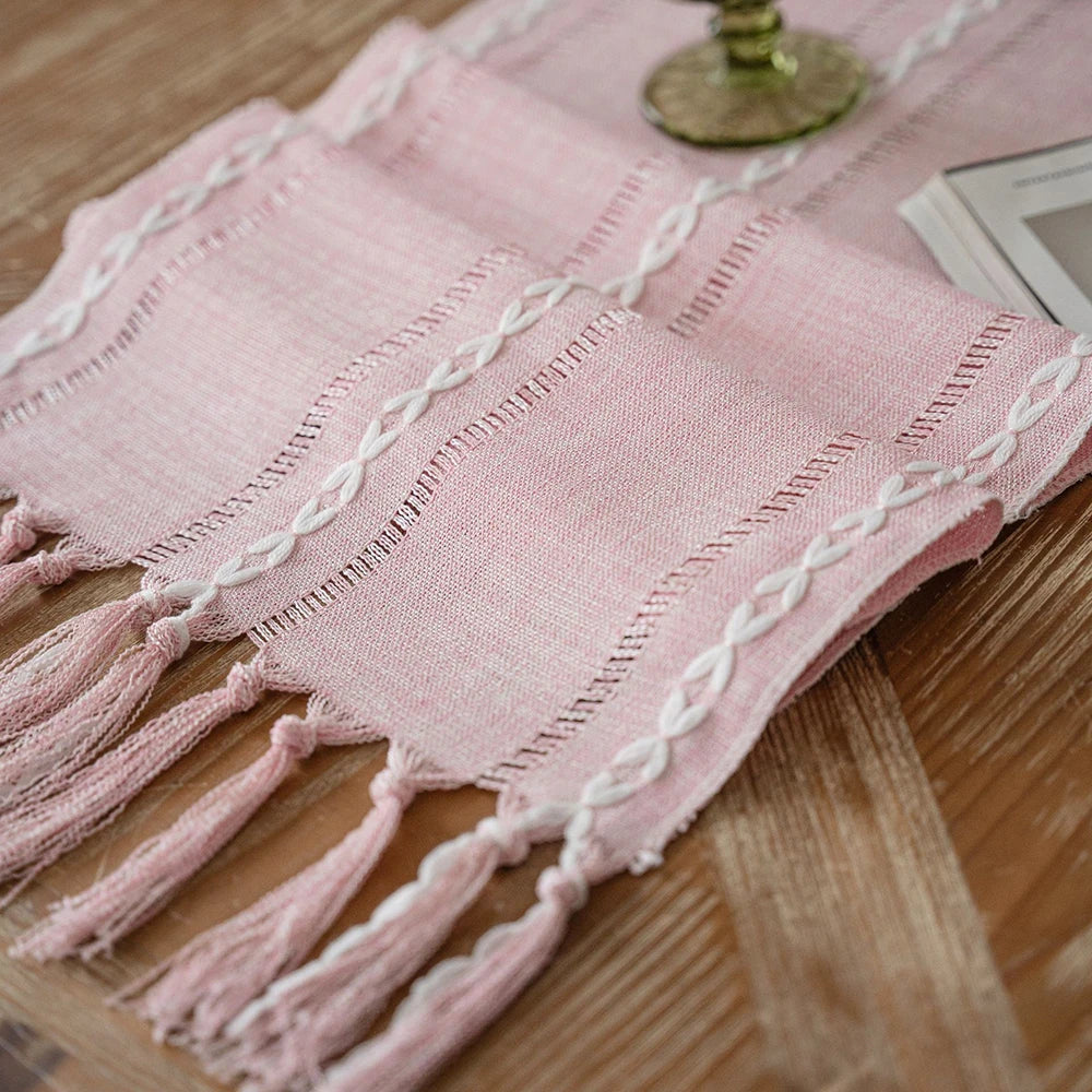 Green Table Runners Boho Rustic Tassels Farmhouse Braided Striped Cotton Linen for Dining Party Holiday Wedding Table Decoration