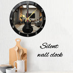 2D Flat Electric Guitar-Shaped Wooden Round Silent Hanging Wall Clock, For Living Room,Office,Study Room,Bedroom,Home Decoration
