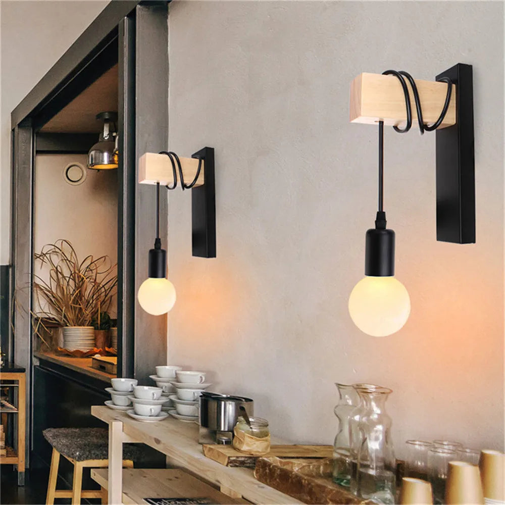 Nordic Wood Wall Lights Bedroom Bedside Lamp Black Creative Modern E27 Wall Lamps Suspension LED Home Lighting Sconce Room Decor