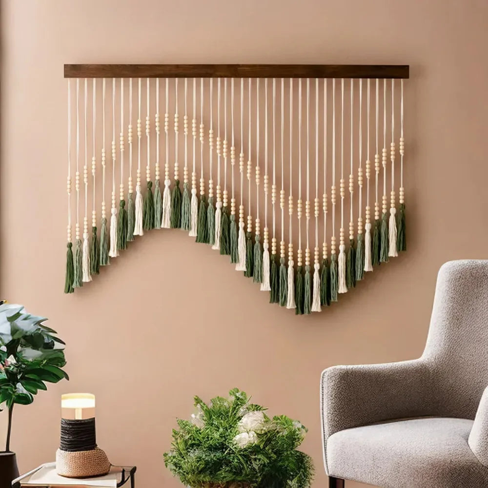 Macrame Wall Hanging Tapestry with Wooden Stick Hand-Woven Bohemia Tassel Curtain Tapestry Wedding Backgrou Boho Decor