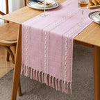 Green Table Runners Boho Rustic Tassels Farmhouse Braided Striped Cotton Linen for Dining Party Holiday Wedding Table Decoration