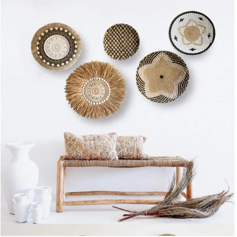 Boho Hand Woven Wall Basket Hanging Home Decorative Rustic Wall Basket Decor Pendants For Kitchen Farmhouse Table Living Room
