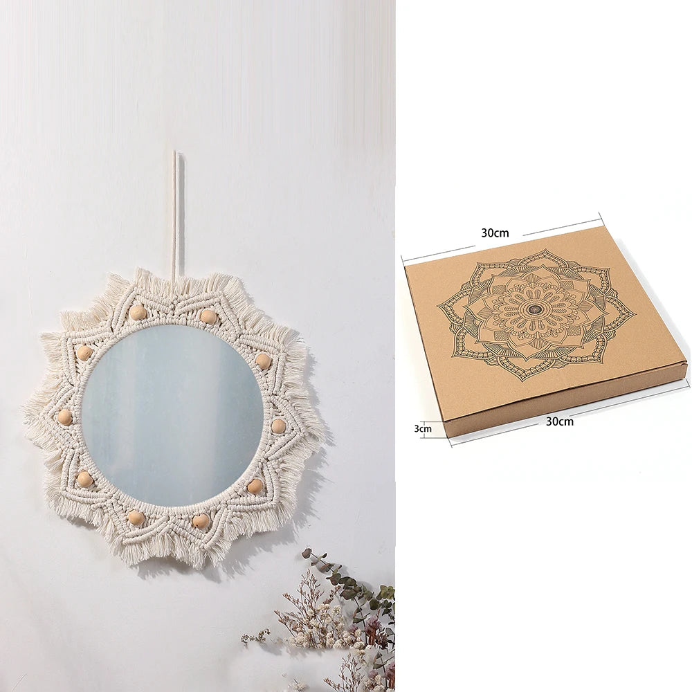 Boho Macrame Round Mirror Decorative Mirrors Aesthetic Room Decor Hanging Wall Mirror for Bedroom Living Room House Decoration