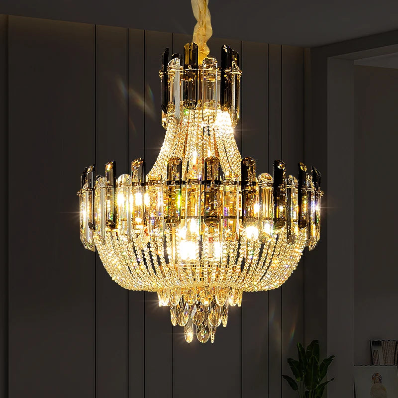 2025 Light Luxury Crystal Ceiling Chandelier Amber And Smoky Grey Crystal Circular Living Room Elegant Ceiling Lamps LED Lustre