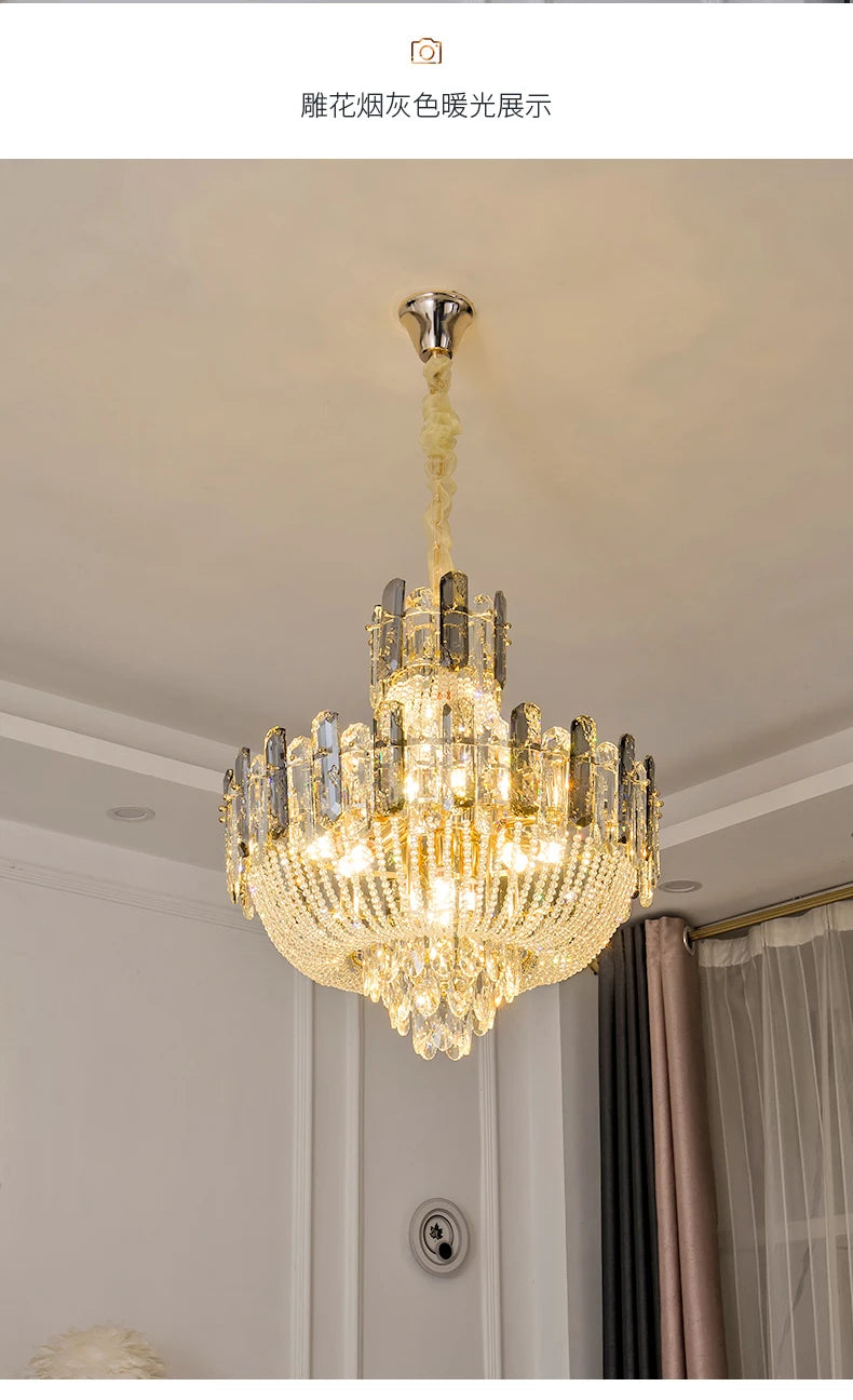 2025 Light Luxury Crystal Ceiling Chandelier Amber And Smoky Grey Crystal Circular Living Room Elegant Ceiling Lamps LED Lustre