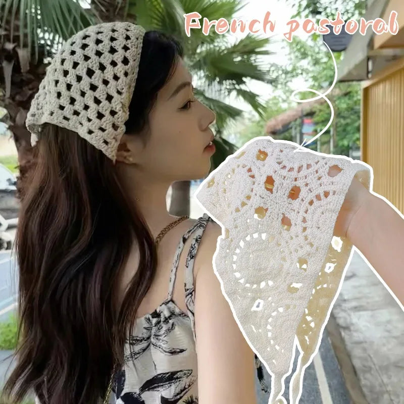 Female Beige Triangle Hair Scarf Bandana Crochet Sheer Mesh Knitted Scarf Retro Headscarf Versatile Neck Scarf Hair Accessories