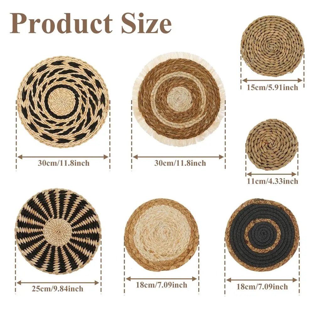 7PCS Boho Wall Baskets Seagrass Rattan Wicker Handmade Wall Art Room Decor Round Shape Hanging Wall Basket