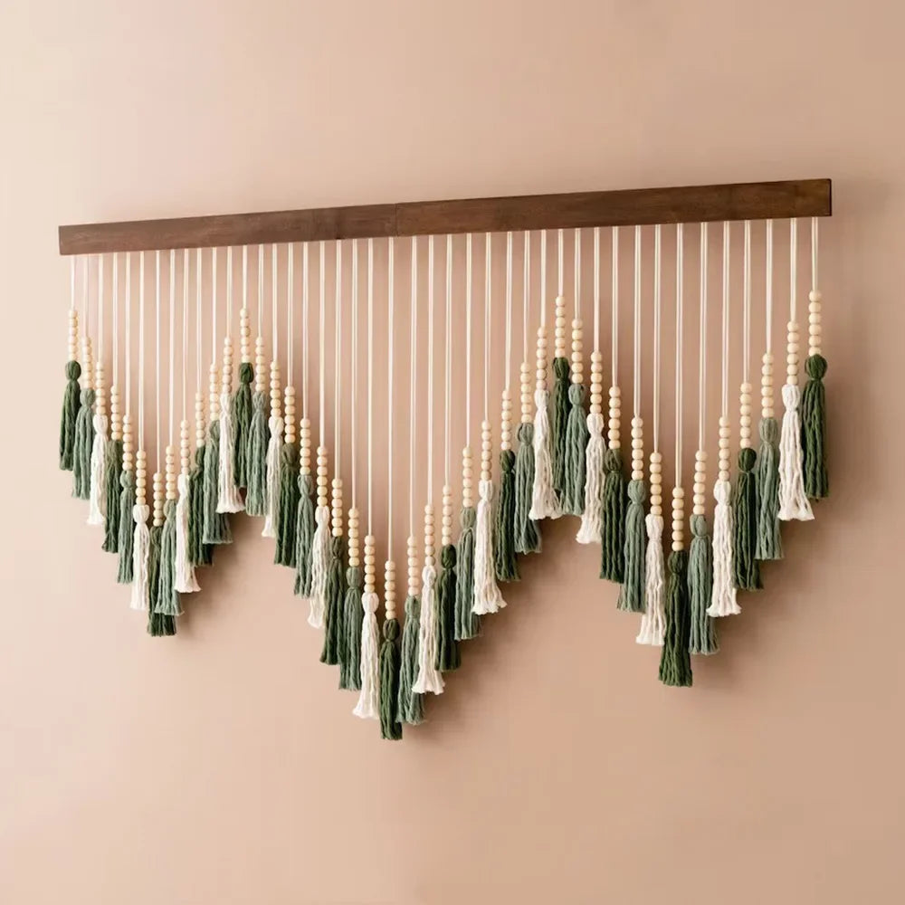 Macrame Wall Hanging Tapestry with Wooden Stick Hand-Woven Bohemia Tassel Curtain Tapestry Wedding Backgrou Boho Decor