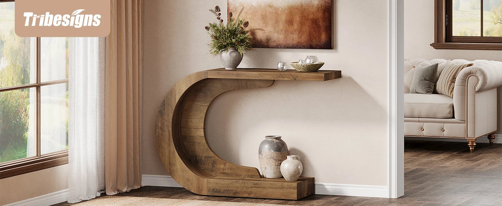 Tribesigns 43.3" Mid-Century Modern Console Table for Entryway, Wood C-Shaped Hallway Entry Accent Table for Living Room