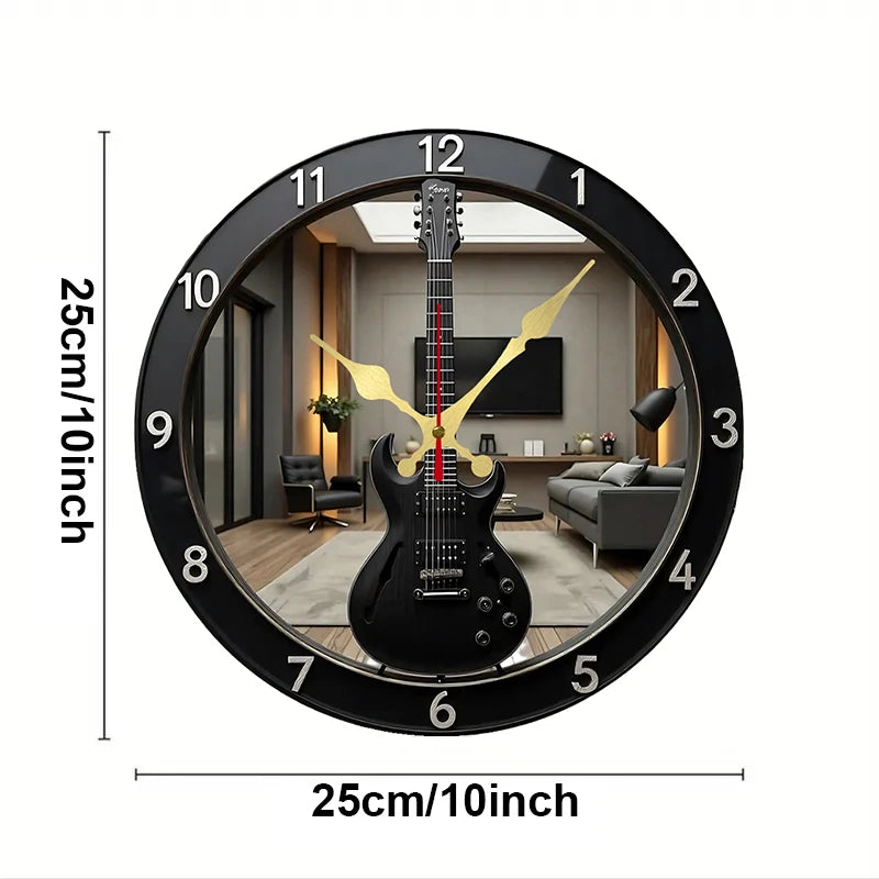 2D Flat Electric Guitar-Shaped Wooden Round Silent Hanging Wall Clock, For Living Room,Office,Study Room,Bedroom,Home Decoration