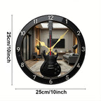 2D Flat Electric Guitar-Shaped Wooden Round Silent Hanging Wall Clock, For Living Room,Office,Study Room,Bedroom,Home Decoration