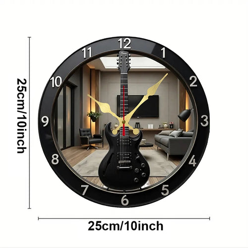 2D Flat Electric Guitar-Shaped Wooden Round Silent Hanging Wall Clock, For Living Room,Office,Study Room,Bedroom,Home Decoration