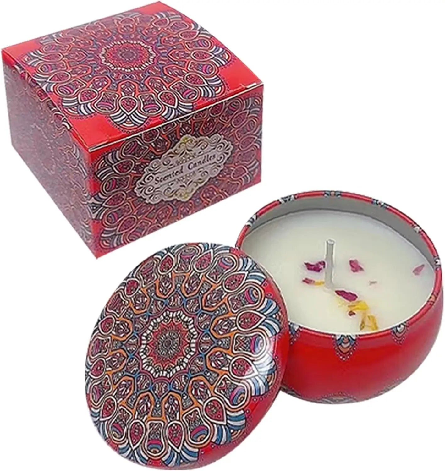 Bohemian Floral Tin Candle with Rose Petals | Natural Essential Oils for Home Decor, Odor Control & Emergency Lighting