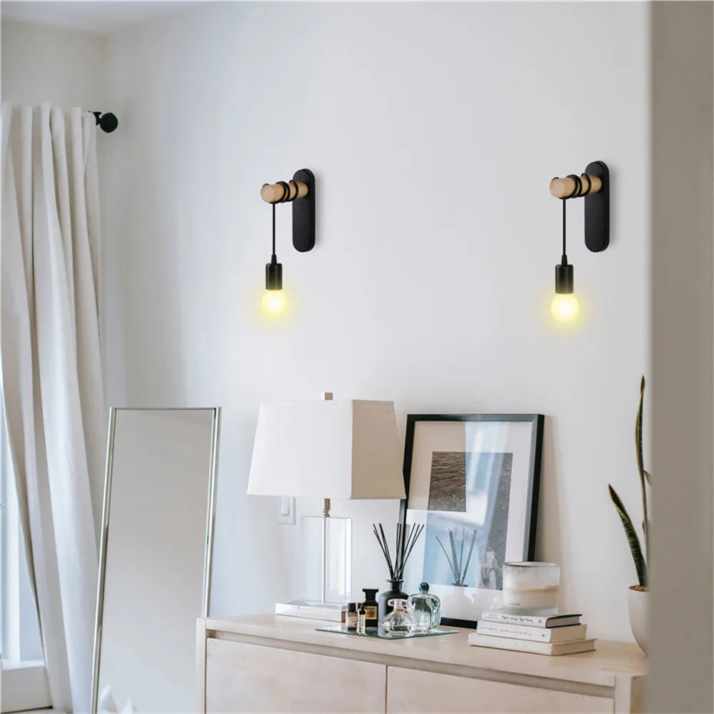 Nordic Wood Wall Lights Bedroom Bedside Lamp Black Creative Modern E27 Wall Lamps Suspension LED Home Lighting Sconce Room Decor