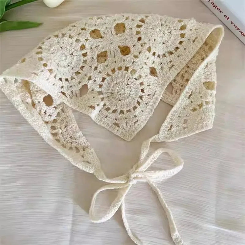 Female Beige Triangle Hair Scarf Bandana Crochet Sheer Mesh Knitted Scarf Retro Headscarf Versatile Neck Scarf Hair Accessories