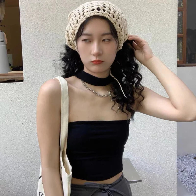 Female Beige Triangle Hair Scarf Bandana Crochet Sheer Mesh Knitted Scarf Retro Headscarf Versatile Neck Scarf Hair Accessories
