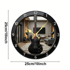 2D Flat Electric Guitar-Shaped Wooden Round Silent Hanging Wall Clock, For Living Room,Office,Study Room,Bedroom,Home Decoration