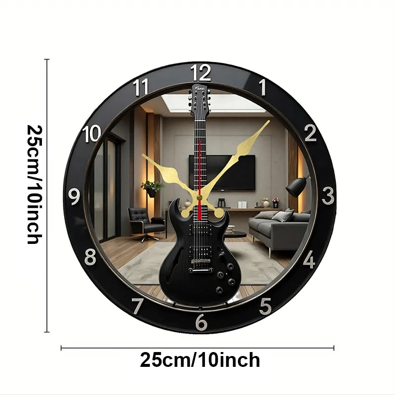 2D Flat Electric Guitar-Shaped Wooden Round Silent Hanging Wall Clock, For Living Room,Office,Study Room,Bedroom,Home Decoration