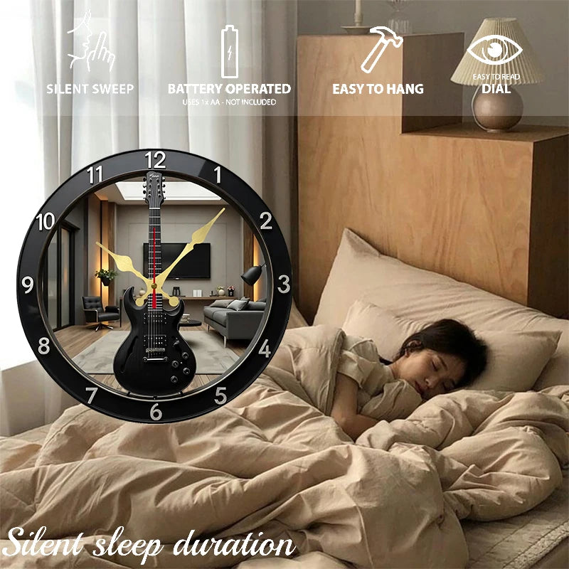 2D Flat Electric Guitar-Shaped Wooden Round Silent Hanging Wall Clock, For Living Room,Office,Study Room,Bedroom,Home Decoration