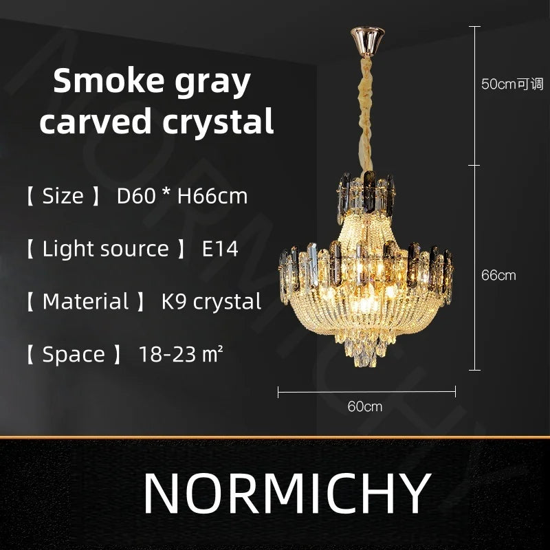 2025 Light Luxury Crystal Ceiling Chandelier Amber And Smoky Grey Crystal Circular Living Room Elegant Ceiling Lamps LED Lustre