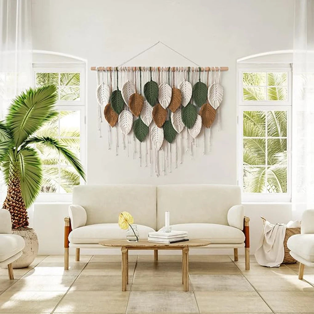 Large Macrame Wall Hanging Boho Woven Tapestry Chic Home Decor Modern Bohemian Handmade Leaf Feather Wall Art Decorations