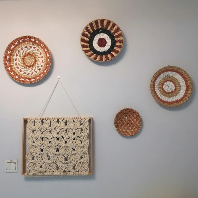 Boho Hand Woven Wall Basket Hanging Home Decorative Rustic Wall Basket Decor Pendants For Kitchen Farmhouse Table Living Room
