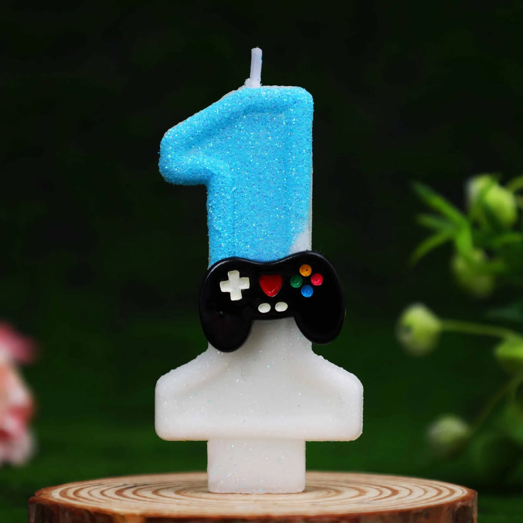 Game Controller Number Candles 0-9, Blue Glitter Video Game Birthday Cake Topper, Gamer Themed Number Candle for Boys Birthday P