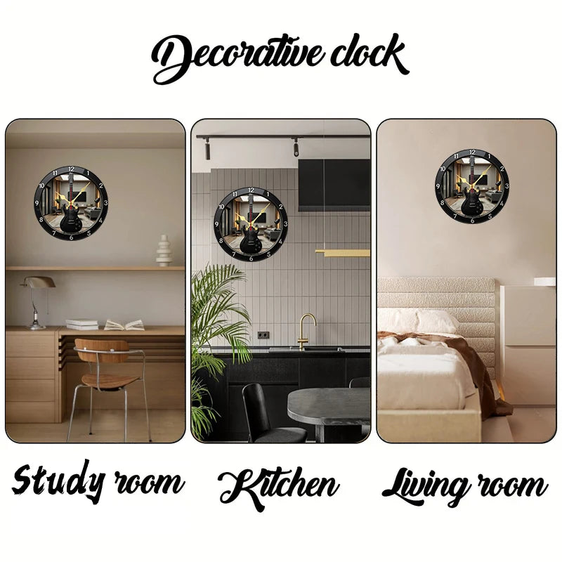 2D Flat Electric Guitar-Shaped Wooden Round Silent Hanging Wall Clock, For Living Room,Office,Study Room,Bedroom,Home Decoration