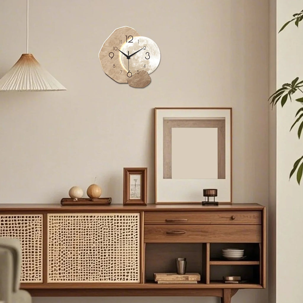 Modern Simple Silent Wall Clock, Moon Design - Quartz Movement, Wooden Material, for Bedroom, Living Room or Office Decoration