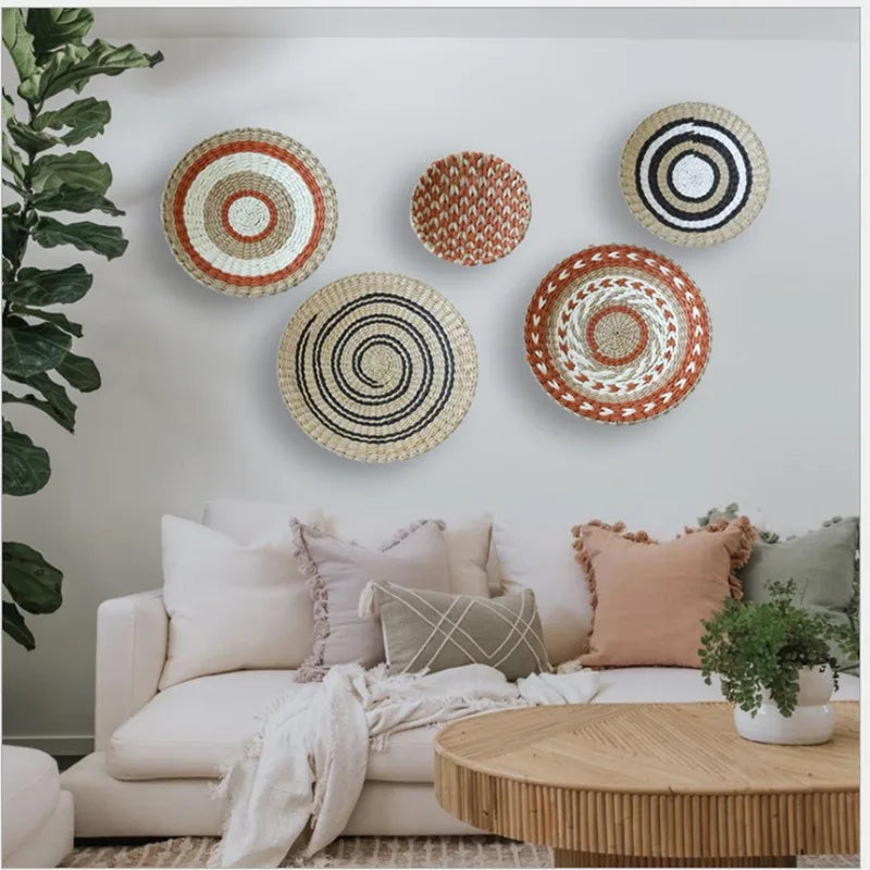 Boho Hand Woven Wall Basket Hanging Home Decorative Rustic Wall Basket Decor Pendants For Kitchen Farmhouse Table Living Room