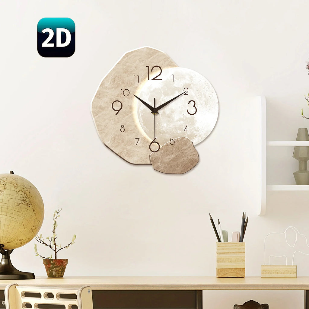 Modern Simple Silent Wall Clock, Moon Design - Quartz Movement, Wooden Material, for Bedroom, Living Room or Office Decoration