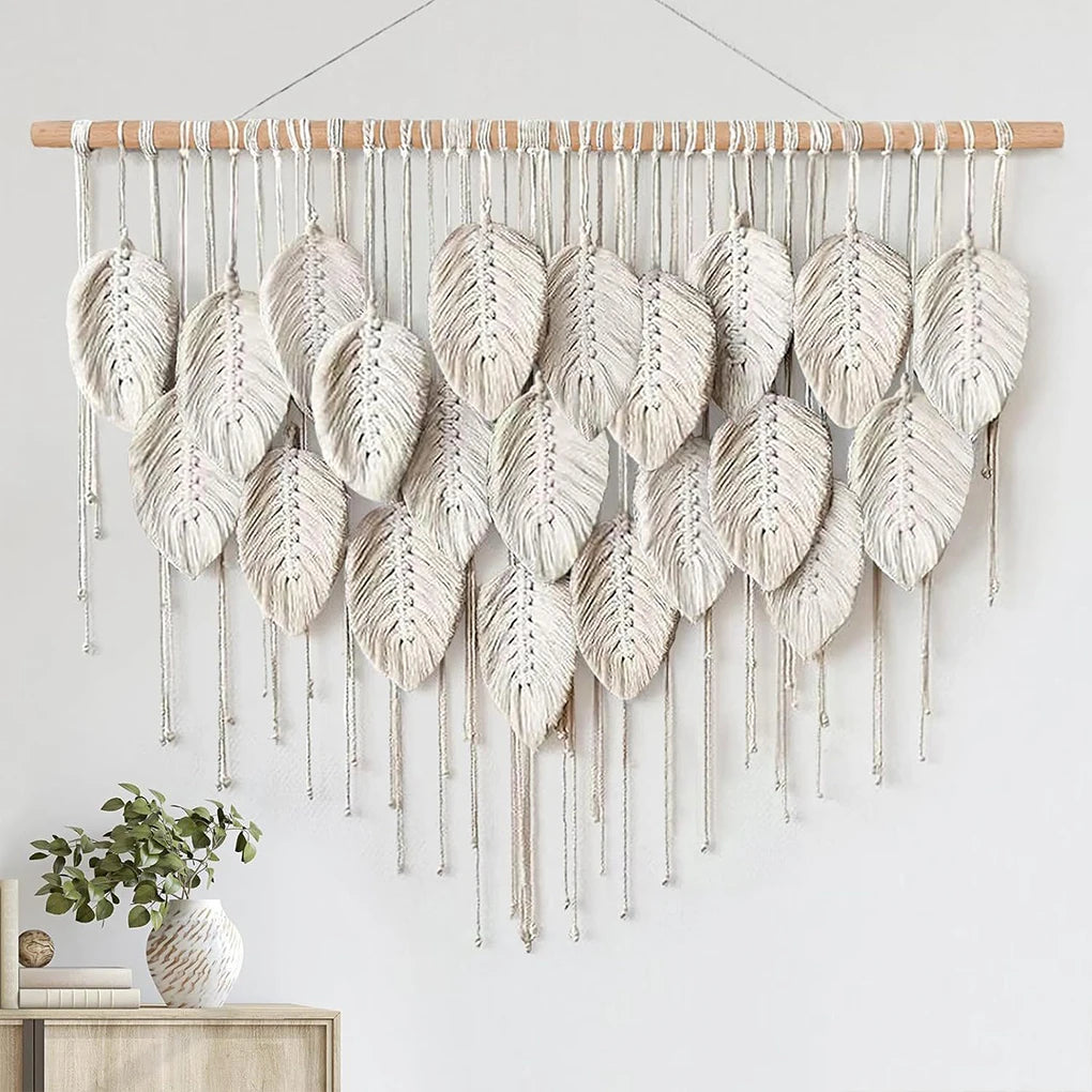 Large Macrame Wall Hanging Boho Woven Tapestry Chic Home Decor Modern Bohemian Handmade Leaf Feather Wall Art Decorations