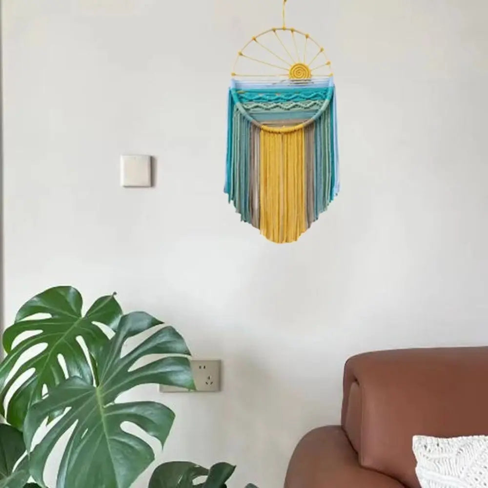 Hand-woven Cotton Rope Sunrise Sunset Tapestry Bohemian Colorful Sunrise Sunset Wall Art with Tassel Decorative