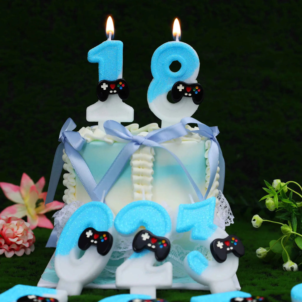 Game Controller Number Candles 0-9, Blue Glitter Video Game Birthday Cake Topper, Gamer Themed Number Candle for Boys Birthday P