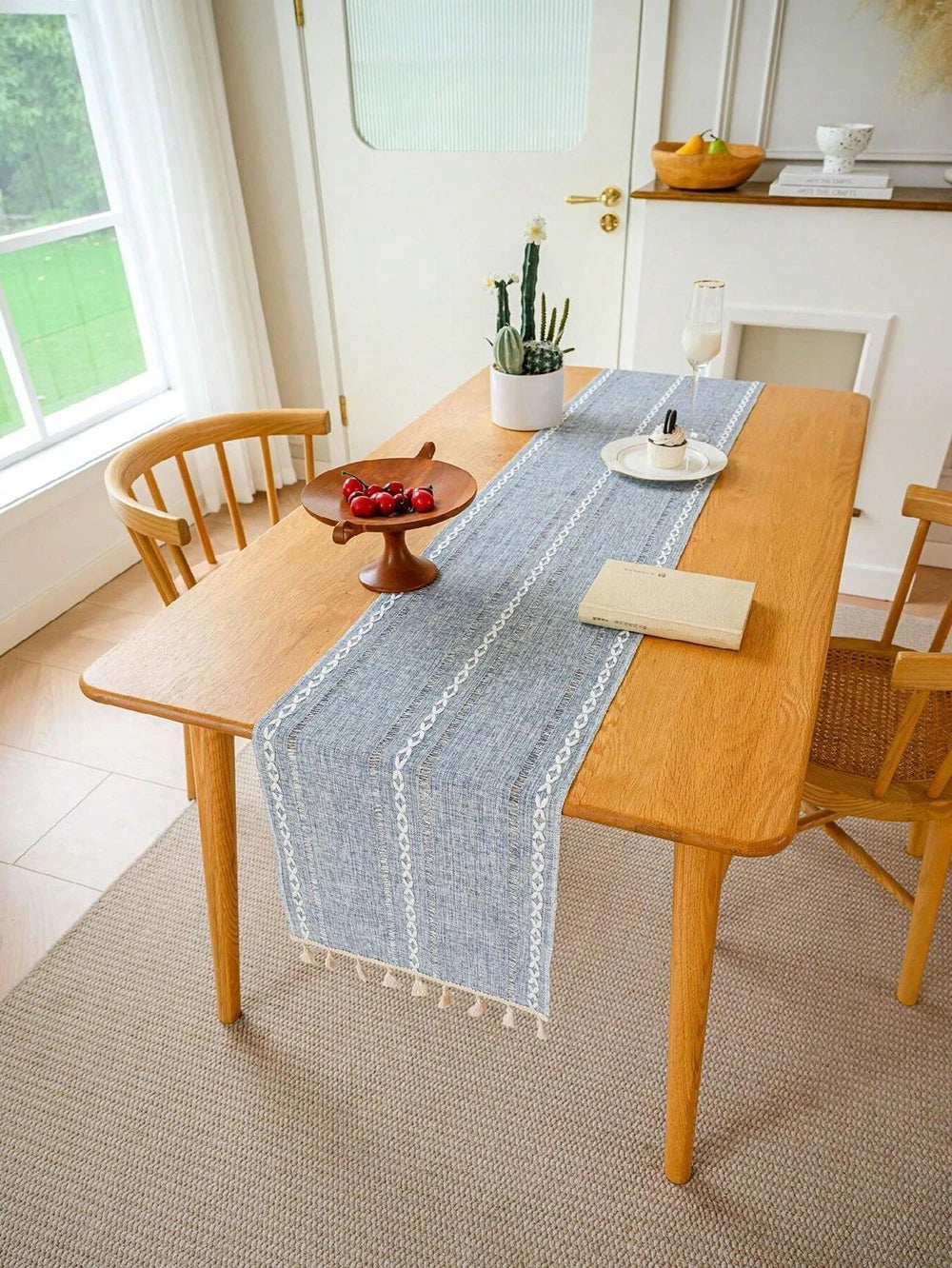 Green Table Runners Boho Rustic Tassels Farmhouse Braided Striped Cotton Linen for Dining Party Holiday Wedding Table Decoration