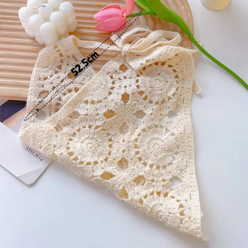Female Beige Triangle Hair Scarf Bandana Crochet Sheer Mesh Knitted Scarf Retro Headscarf Versatile Neck Scarf Hair Accessories
