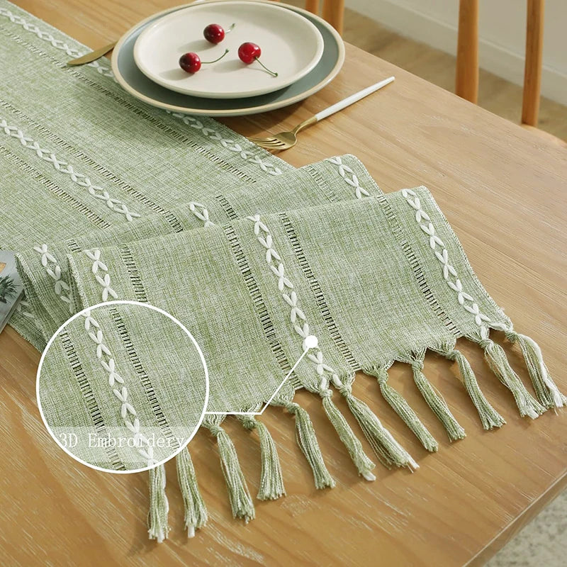 Green Table Runners Boho Rustic Tassels Farmhouse Braided Striped Cotton Linen for Dining Party Holiday Wedding Table Decoration
