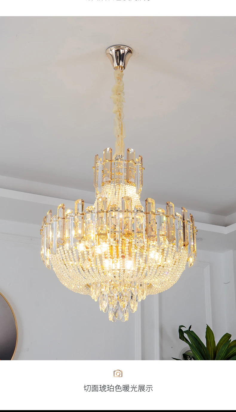 2025 Light Luxury Crystal Ceiling Chandelier Amber And Smoky Grey Crystal Circular Living Room Elegant Ceiling Lamps LED Lustre