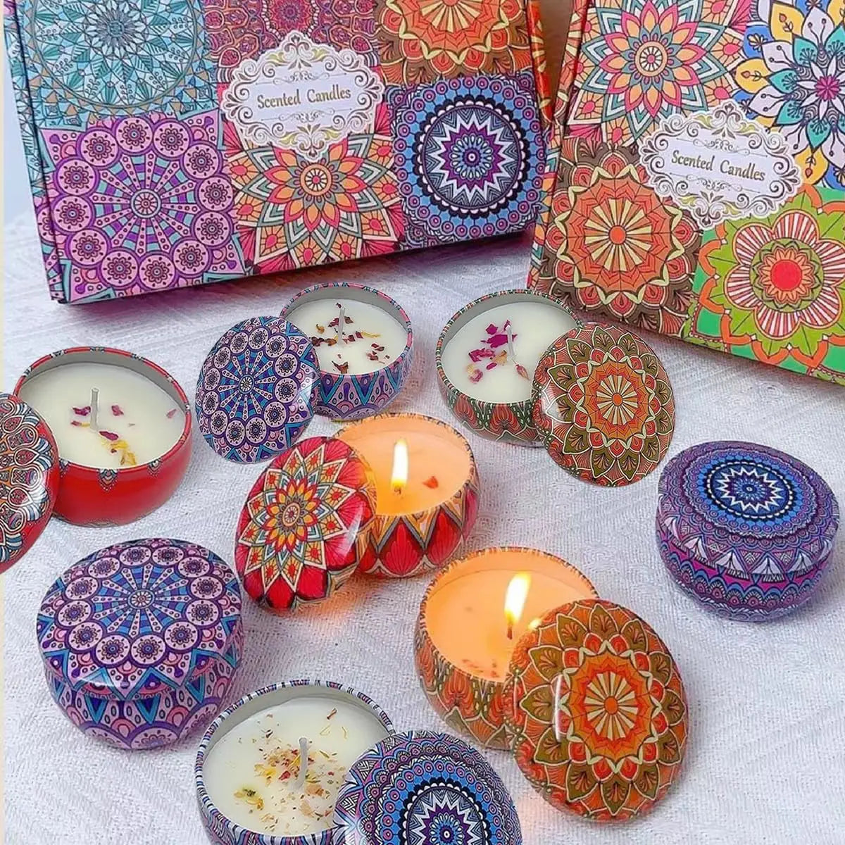 Bohemian Floral Tin Candle with Rose Petals | Natural Essential Oils for Home Decor, Odor Control & Emergency Lighting