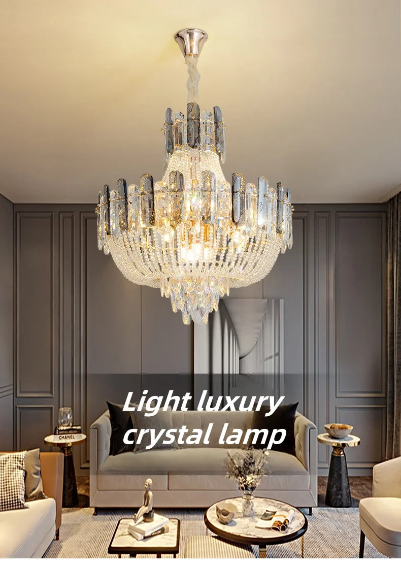 2025 Light Luxury Crystal Ceiling Chandelier Amber And Smoky Grey Crystal Circular Living Room Elegant Ceiling Lamps LED Lustre