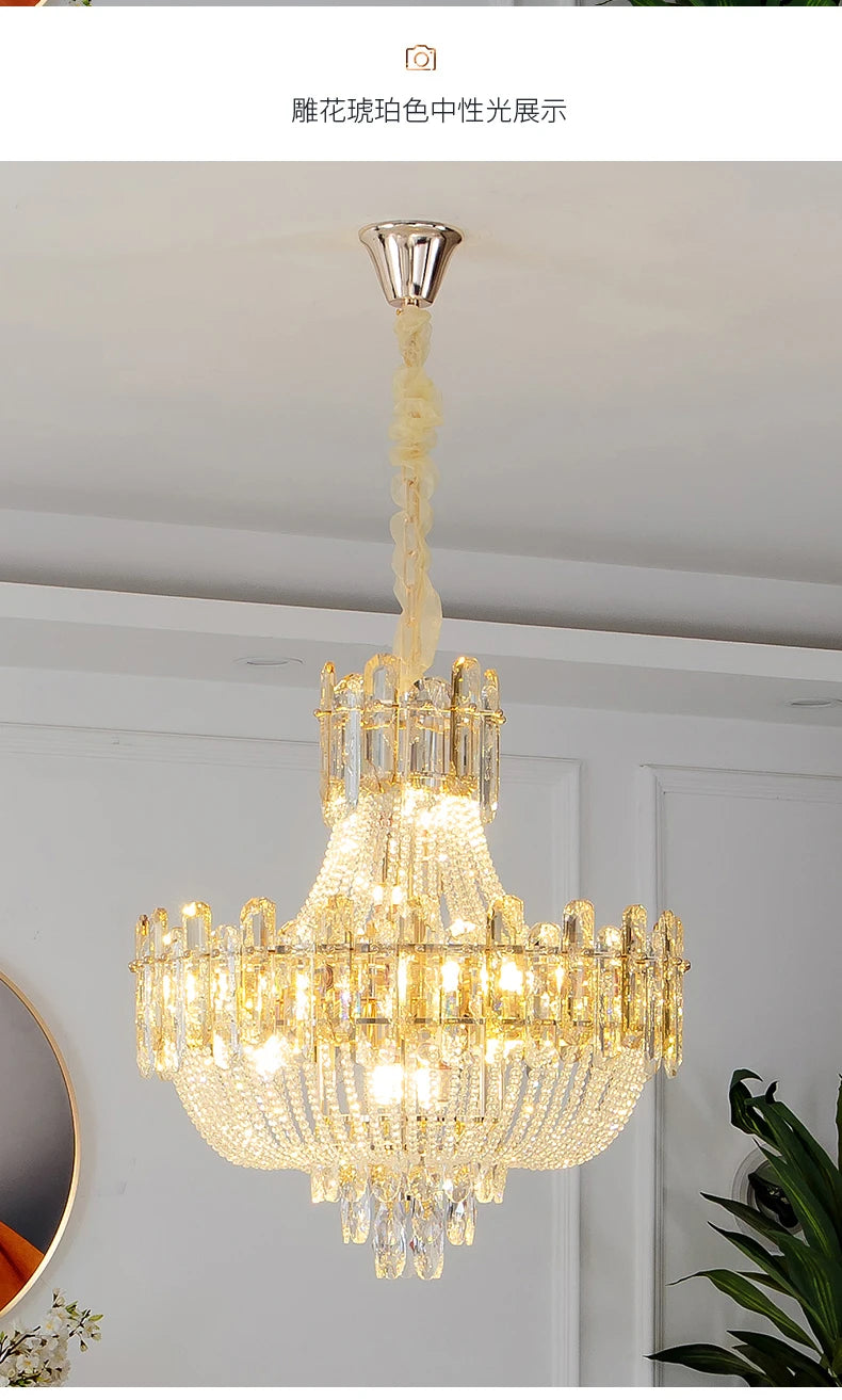 2025 Light Luxury Crystal Ceiling Chandelier Amber And Smoky Grey Crystal Circular Living Room Elegant Ceiling Lamps LED Lustre