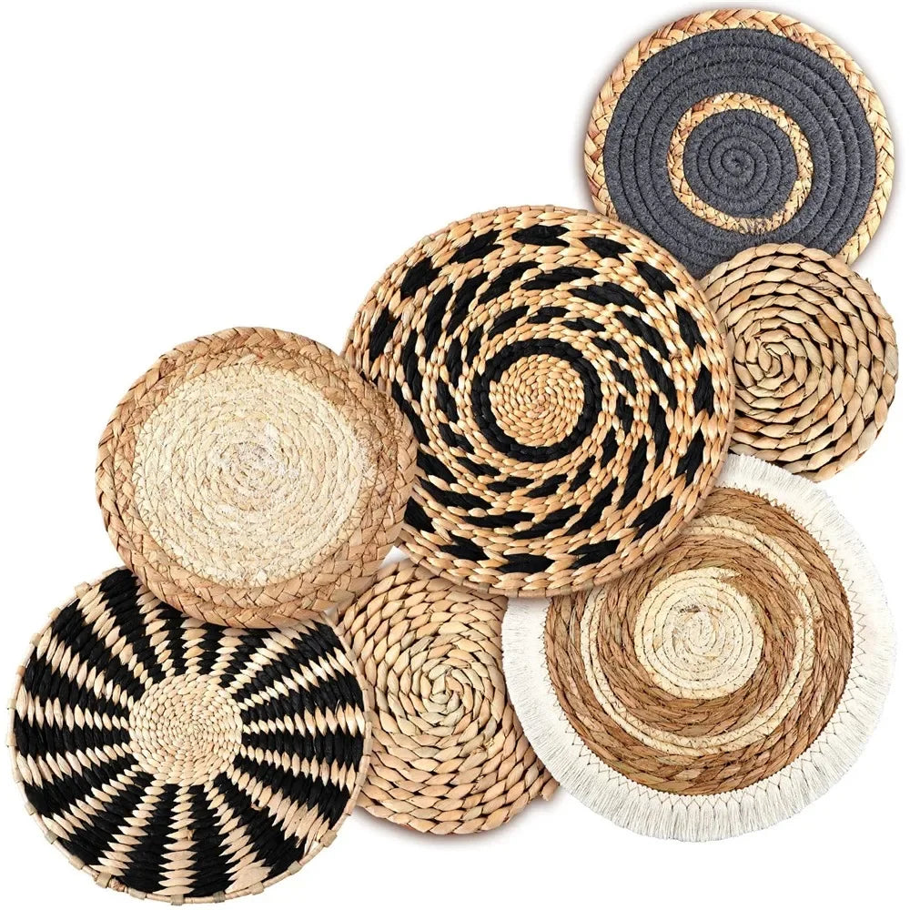 7PCS Boho Wall Baskets Seagrass Rattan Wicker Handmade Wall Art Room Decor Round Shape Hanging Wall Basket
